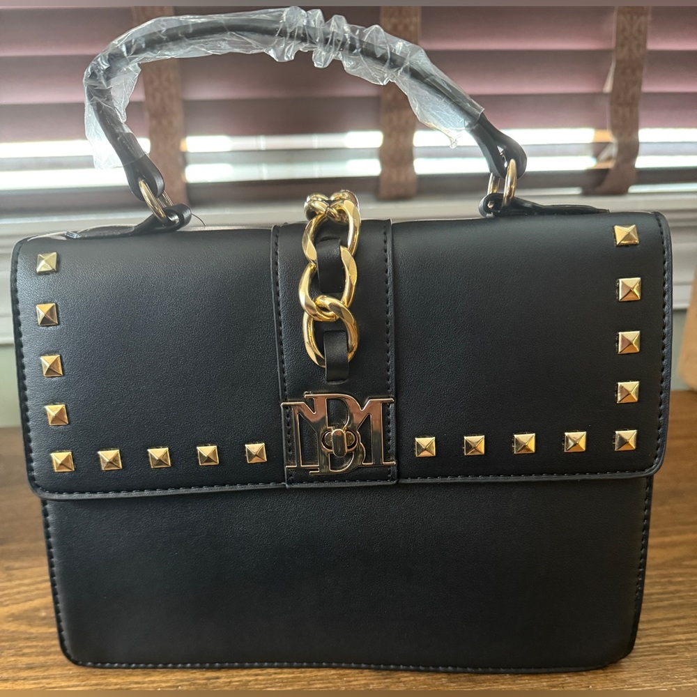 Badgley Mischka Vegan Leather Black Crossbody Bag with Chain and Studs